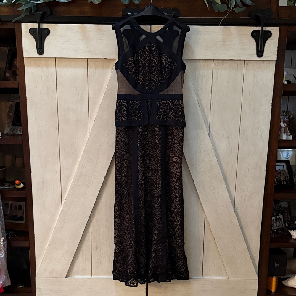BCBC Max Azria Elegant Black and Nude Lace Dress, Size 10